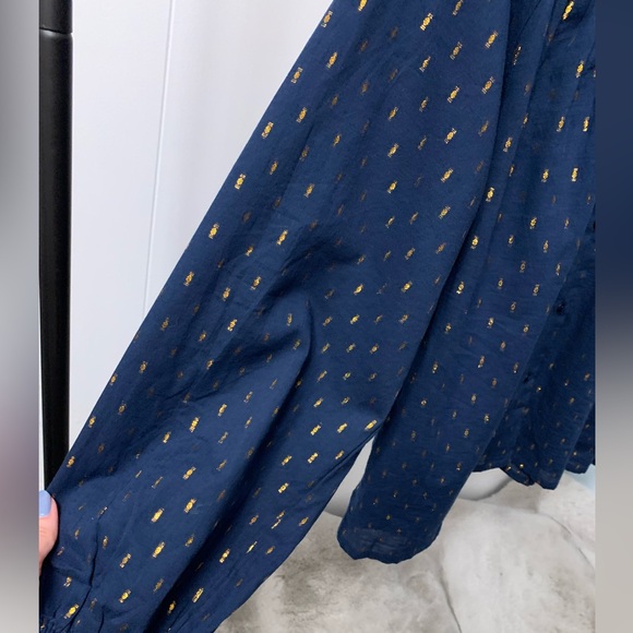 Emerson Fry India Collection Emmaline Top Blue Gold Metallic Blouse Maritime Dot - Picture 8 of 16